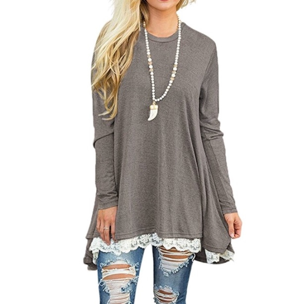 *️⃣MIA Lace Trim Tunic Blouse in Grey*️⃣